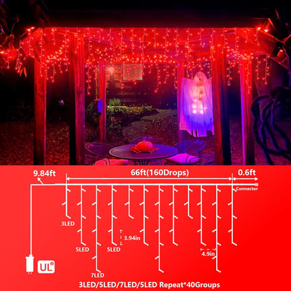 YEGUO 33ft 400 LED Red Icicle Lights for Outside, 80 Drops Icicle Christmas Lights with 8 Modes