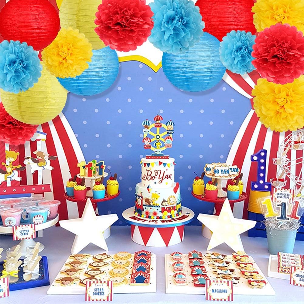 Carnival Circus Party Decorations, Red Yellow Blue Paper Lanterns and Pom Poms Flowers for Birthday