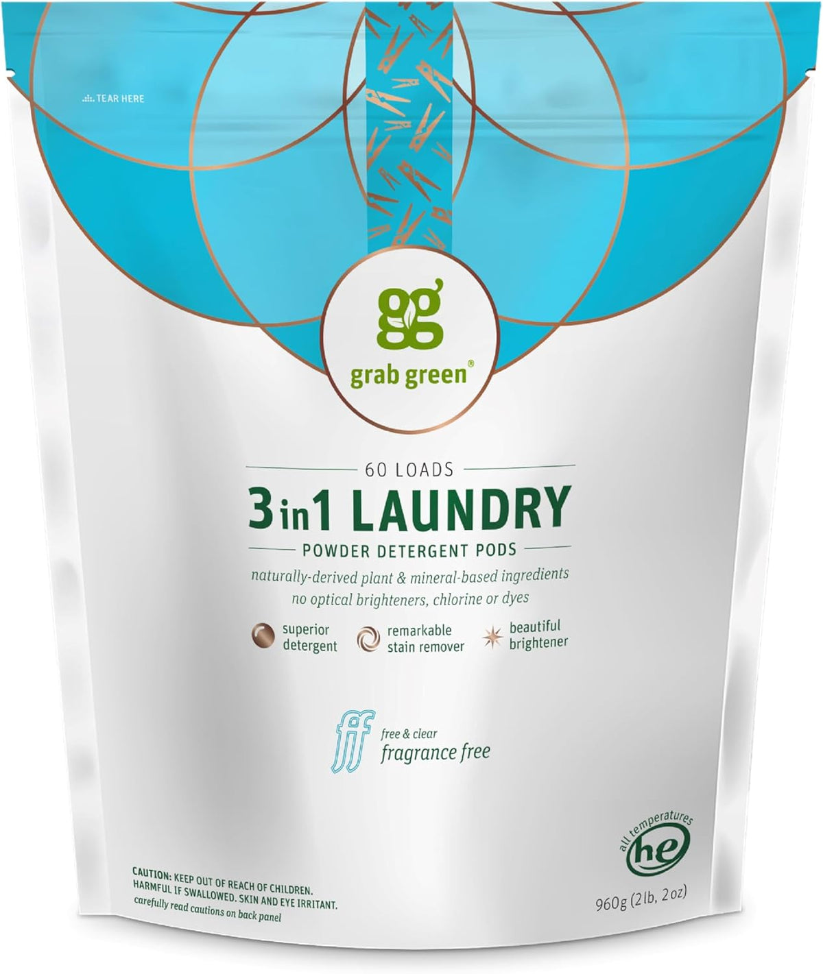 Grab Green 3-in-1 Laundry Detergent Pods, 60 Count, Fragrance Free, Plant and Mineral Based