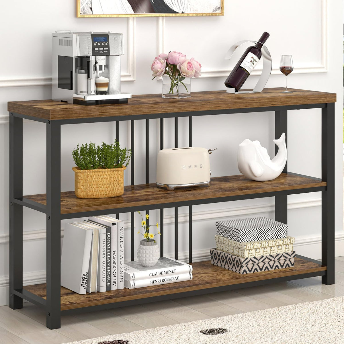 FOLUBAN Industrial Console Table, 3 Tier Entryway Table, Sofa Foyer Table for Living Room Hallway