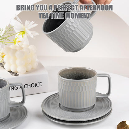 Large Cappuccino Cups with Saucers Set of 4, 8 Ounce Stackable Embossed Ceramic Coffee Mugs for