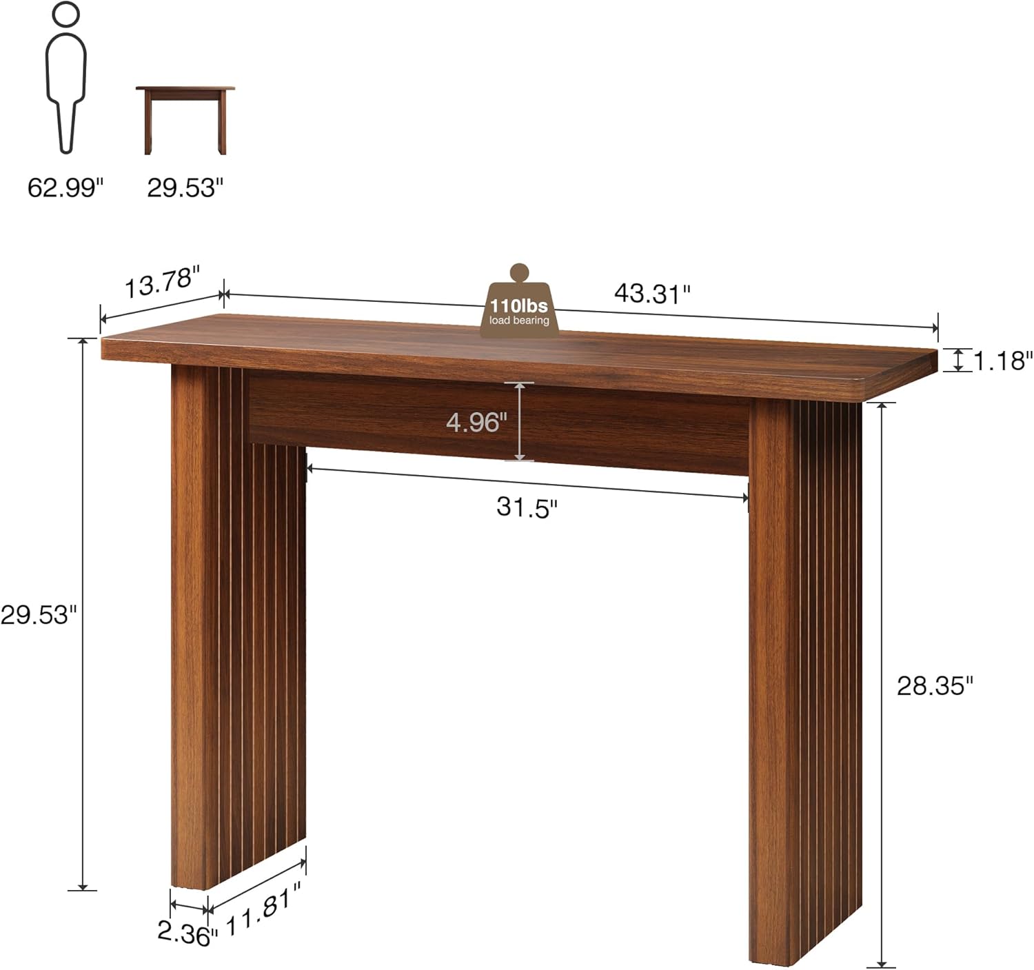 AVZEAR Mid Century Narrow Entryway Console Table, 43.3" Fluted Wood Couch Table Behind Sofa Long