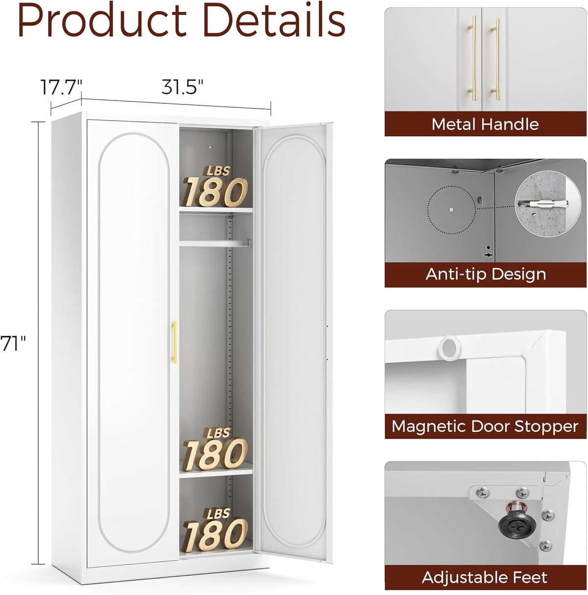 71" White Wardrobe Closet with 2 Doors, Metal Armoire Wardrobe Cabinet with Hanging Rod and