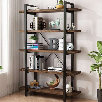 5-Tier Industrial Style Solid Wood Bookcase and Book Shelves,Rustic Wood and Metal Shelving Unit，