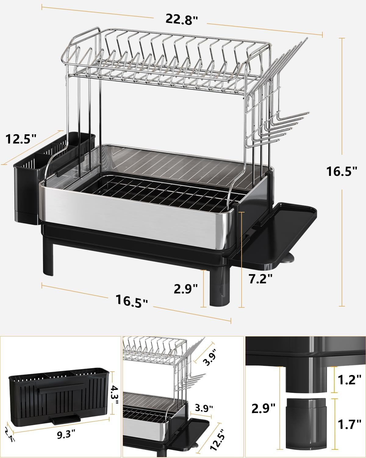 BOOSINY Dish Drying Rack with Drainboard, Stainless Steel Dish Rack, 2 Tier Extra Large Dish