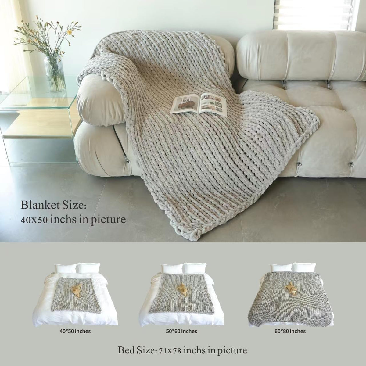 Maetoow Tighter Version Chenille Chunky Knit Blanket Throw （40×50 Inch）, Handmade Warm & Cozy