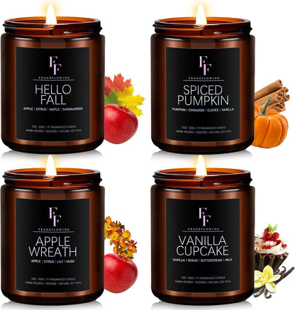 Fall Candles Set, 4 Pack Candles for Home Scented Natural Soy Wax, Autumn Gifts Set for Women Men