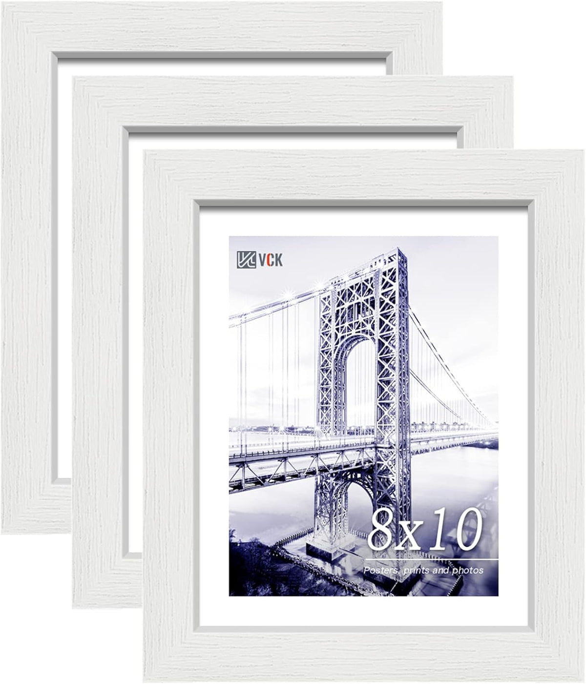 VCK 8x10 Picture Frames Set of 3, White Solid Wood Picture Frame, Textured Exclusive Wall Gallery