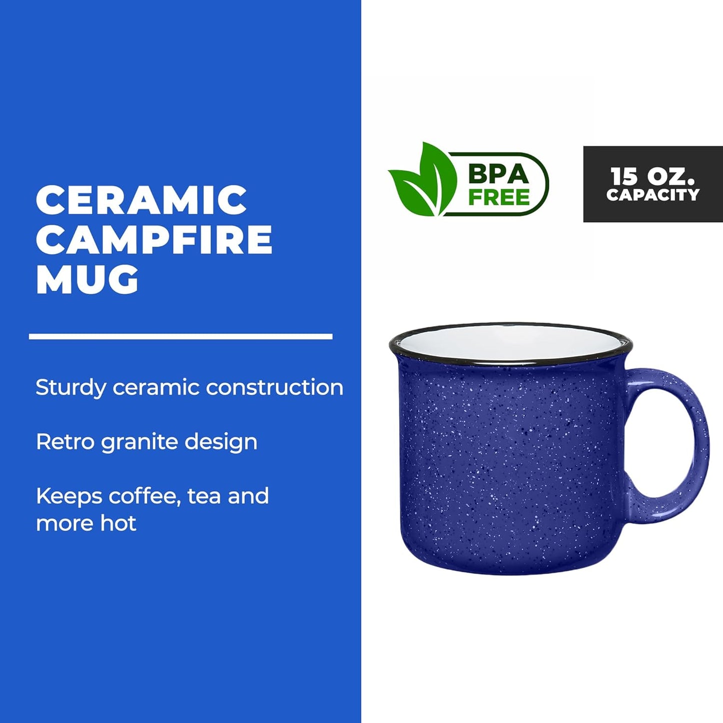 Set of 8 Ceramic Campfire Mugs – 15 Oz, Cobalt Blue – Coffee & Tea Cups for Home, Work, Travel
