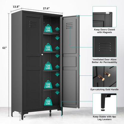 Metal Storage Cabinet with Doors and Shelves,Black Storage Cabinet with Leg,Metal Pantry