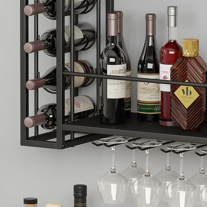 Wall Mounted Wine Rack, Wine Rack Wall Mounted with Wine Glass Rack, 2-Tier Multi-Functional Shelf