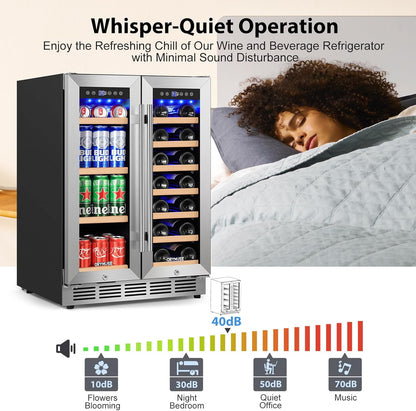24 Inch Dual Zone Wine and Beverage Refrigerator, Built-in or Freestanding Cooler with French