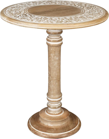 Lightnpro Carved Round End Table with Single Pillar - Handcrafted Accent Bedside Nightstand Side