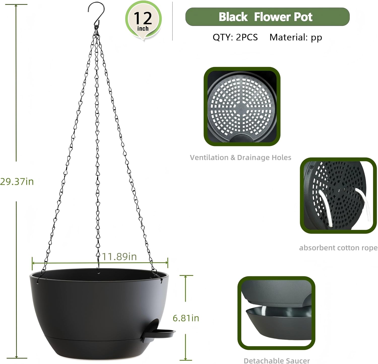 12 Inch Hanging Baskets 2 PC with Chains, Self-Watering Hanging Planters for Indoor Outdoor Plants