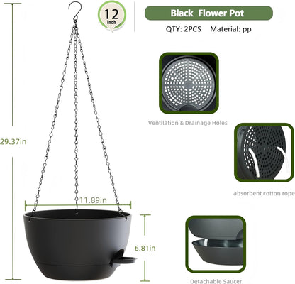 12 Inch Hanging Baskets 2 PC with Chains, Self-Watering Hanging Planters for Indoor Outdoor Plants