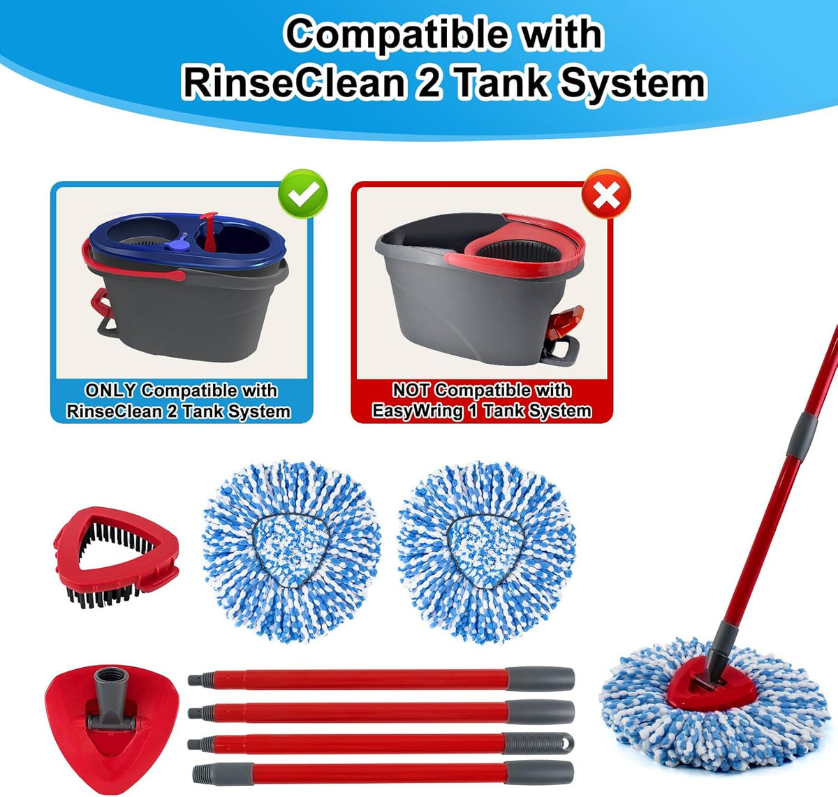 Spin Mop Head,Mop Handle,Base,Brush Compatible with Ocedar RinseClean 2 Tank Spin Mop System,2