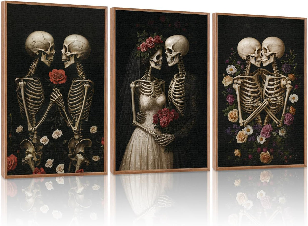 HLNIUC Halloween Rose Wedding Framed Wall Art,Vintage Skeleton Rose Canvas Prints,Abstract Romantic