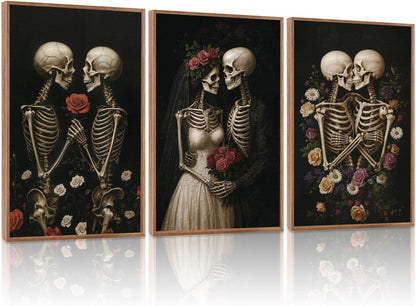 HLNIUC Halloween Rose Wedding Framed Wall Art,Vintage Skeleton Rose Canvas Prints,Abstract Romantic