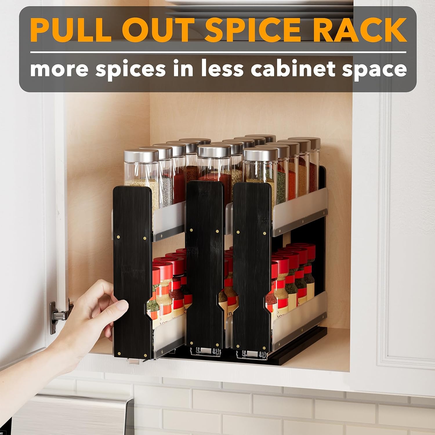 SpaceAid Bamboo Pull Out Spice Rack Organizer for Cabinet, Heavy Duty Slide Out Seasoning Kitchen