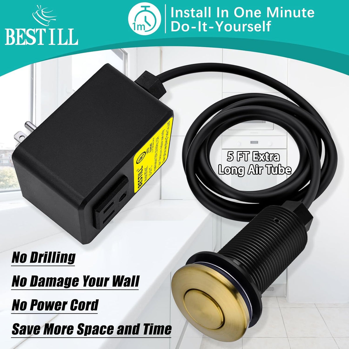 BESTILL Garbage Disposal Button, UL Listed, Cordless Sink Top Air Switch Kit for Waste Disposal