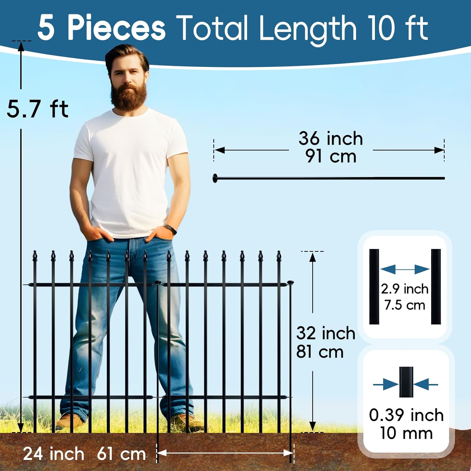 Metal Garden Fence 32 inch H x 24 inch W (5 Panels, Total Length 10 ft) No Need Dig Outdoor