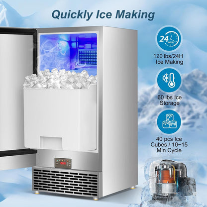 Commercial Ice Maker Machine 120 LBS/24H, 60 LBS Cold Preservation Bin for 4-6 H, Freestanding