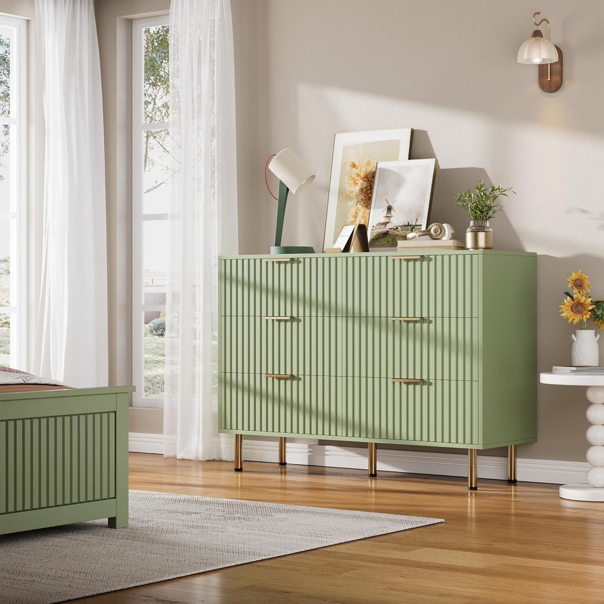 Green 6 Drawer Dresser for Bedroom, Fluted 47.2" Wide Modern Chest of Drawers with Deep Drawers