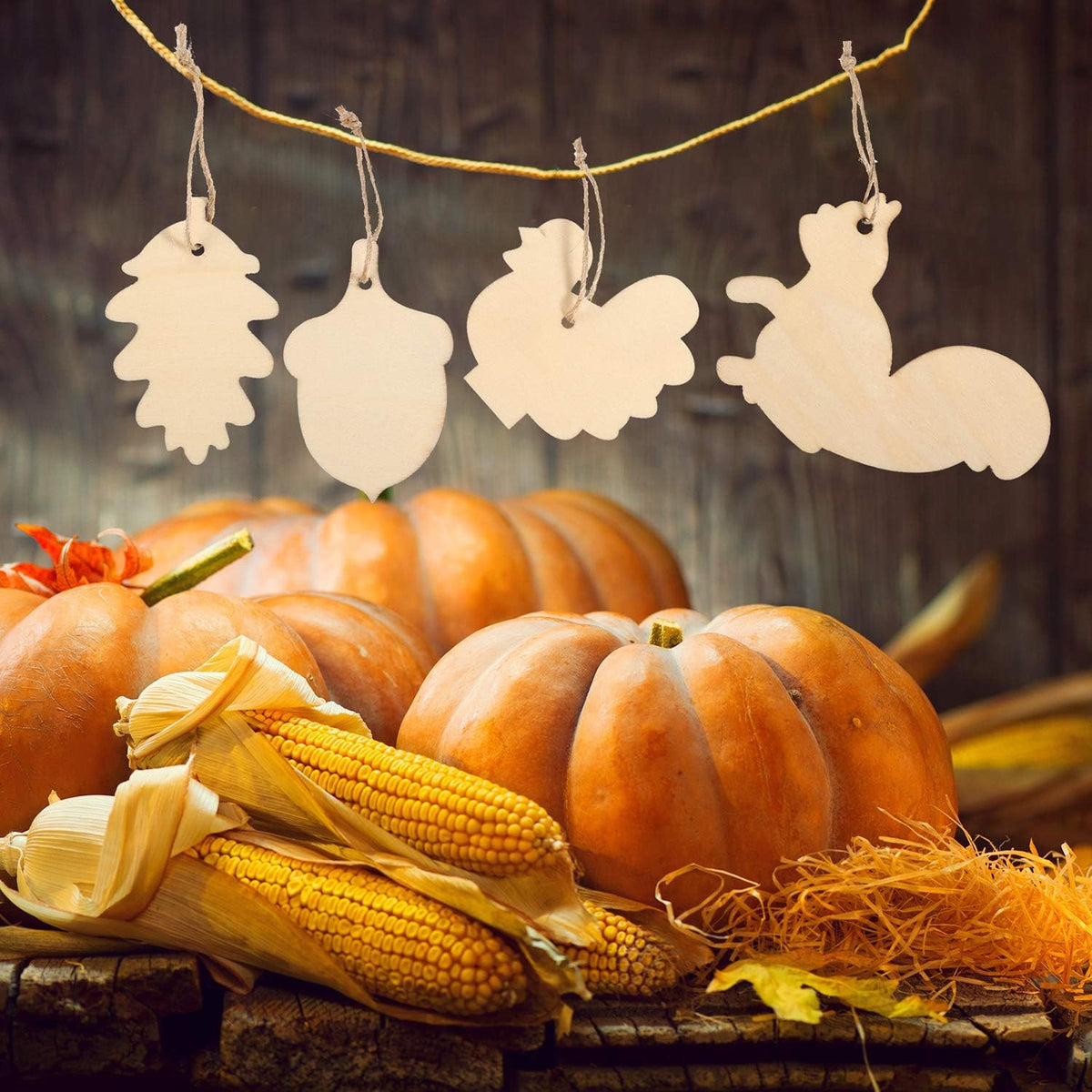 60 Pieces Fall Thanksgiving Unfinished Wooden Ornaments Maple Leaves Pumpkin Wood Cutout Squirrel