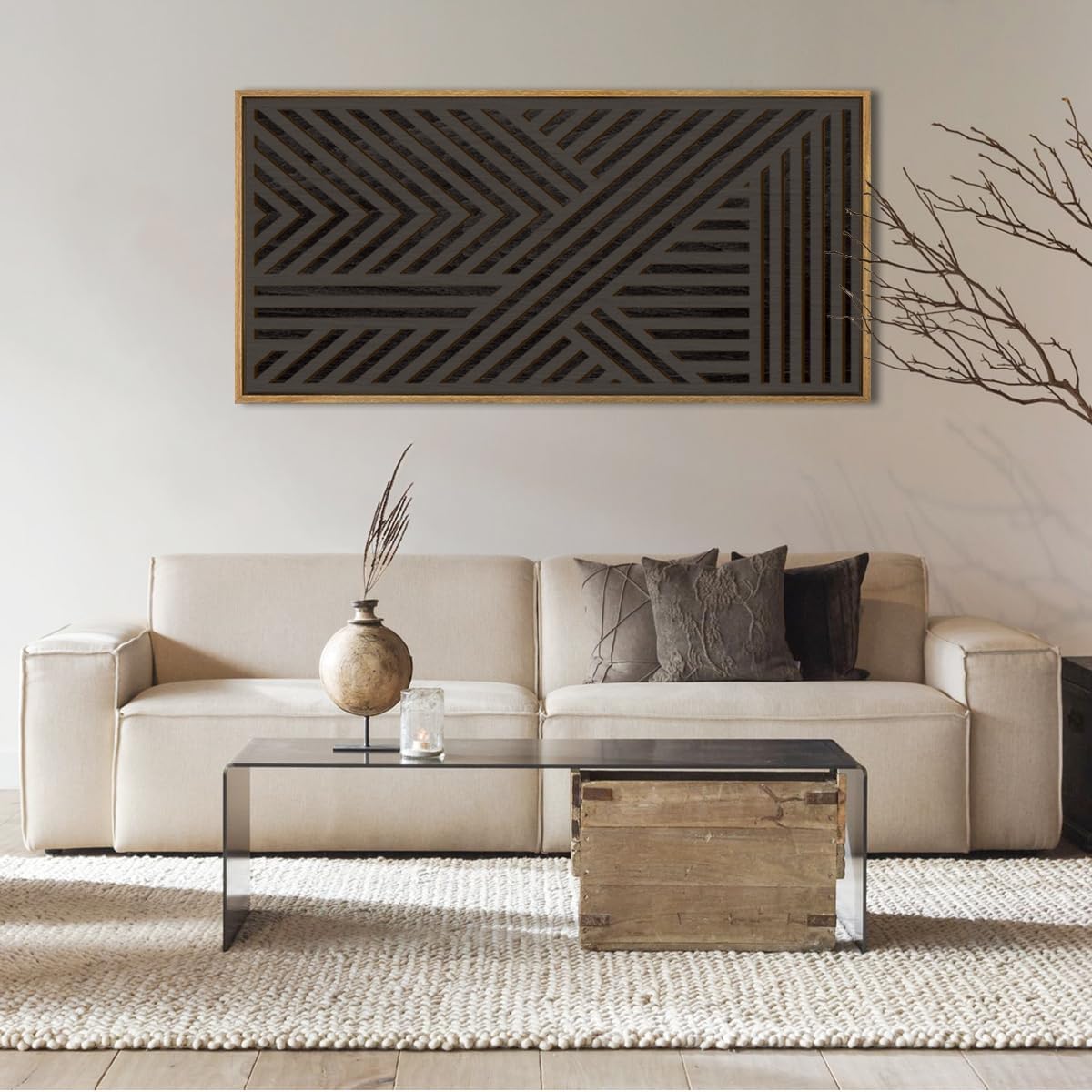 IARTTOP Large Black Framed Wood Wall Art for Living Room Abstract Modern Wooden Wall Decor Neutral