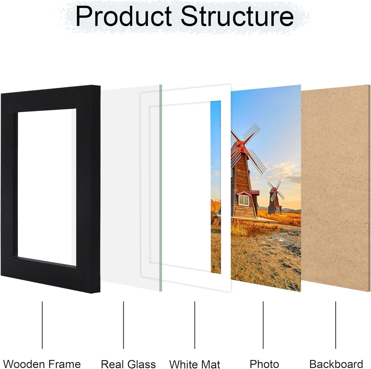 5x7 Picture Frame Set of 4, 5 x 7 Wood Photo Frames with Mat for 4x6, Wooden Frame with Real Glass