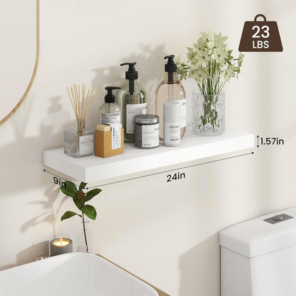 Heimlove 24 inch Floating Shelves for Wall,9.3 inch deep White Wood Shelves with Invisible
