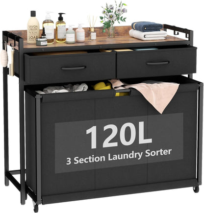Laundry Hamper Laundry Basket with 3 Section Pull-Out Rolling Bags, Laundry Sorter for Organization