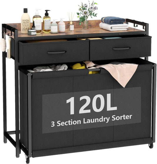 Laundry Hamper Laundry Basket with 3 Section Pull-Out Rolling Bags, Laundry Sorter for Organization