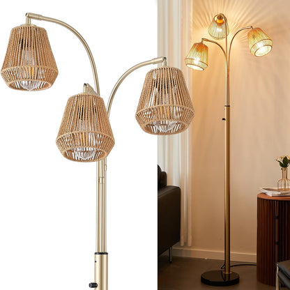 Gold Rattan Floor Lamp for Living Room, 72 Inch Tall Boho Floor Lamp with Rotary Switch, 3 Lights