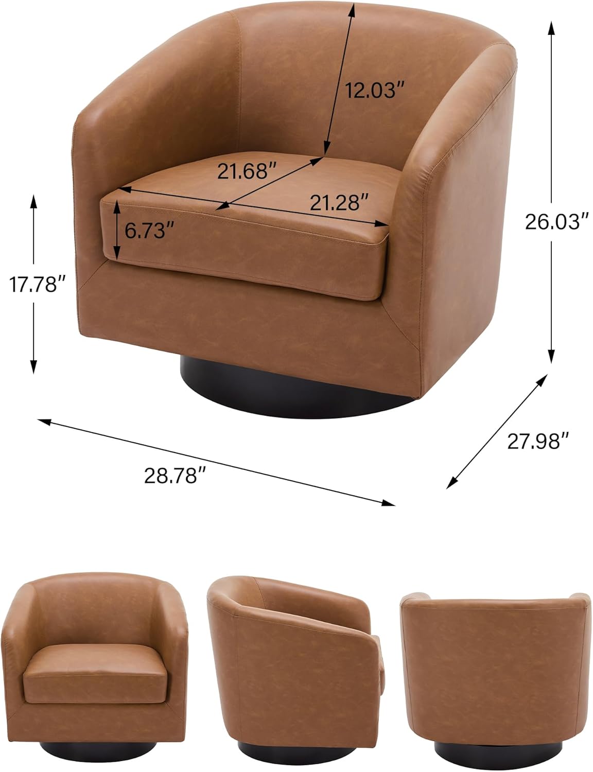 Swivel Barrel Accent Chair, Modern Round Faux Leather Arm Chair for Living Room, Bedroom, Comfy