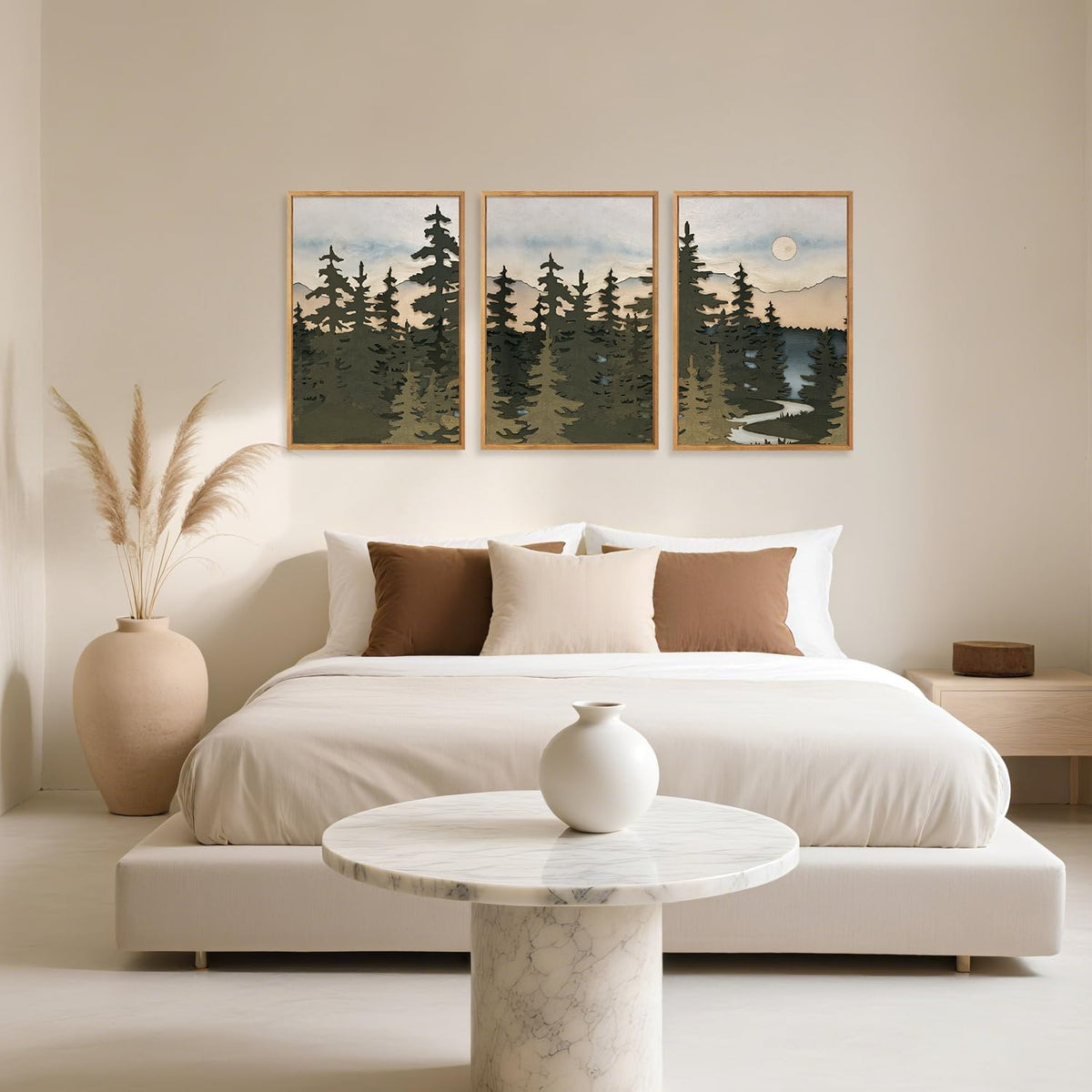HPNIUB Vintage Mountain Framed Canvas Wall Art Set, Boho Sunrise Art Prints, Forest Nature