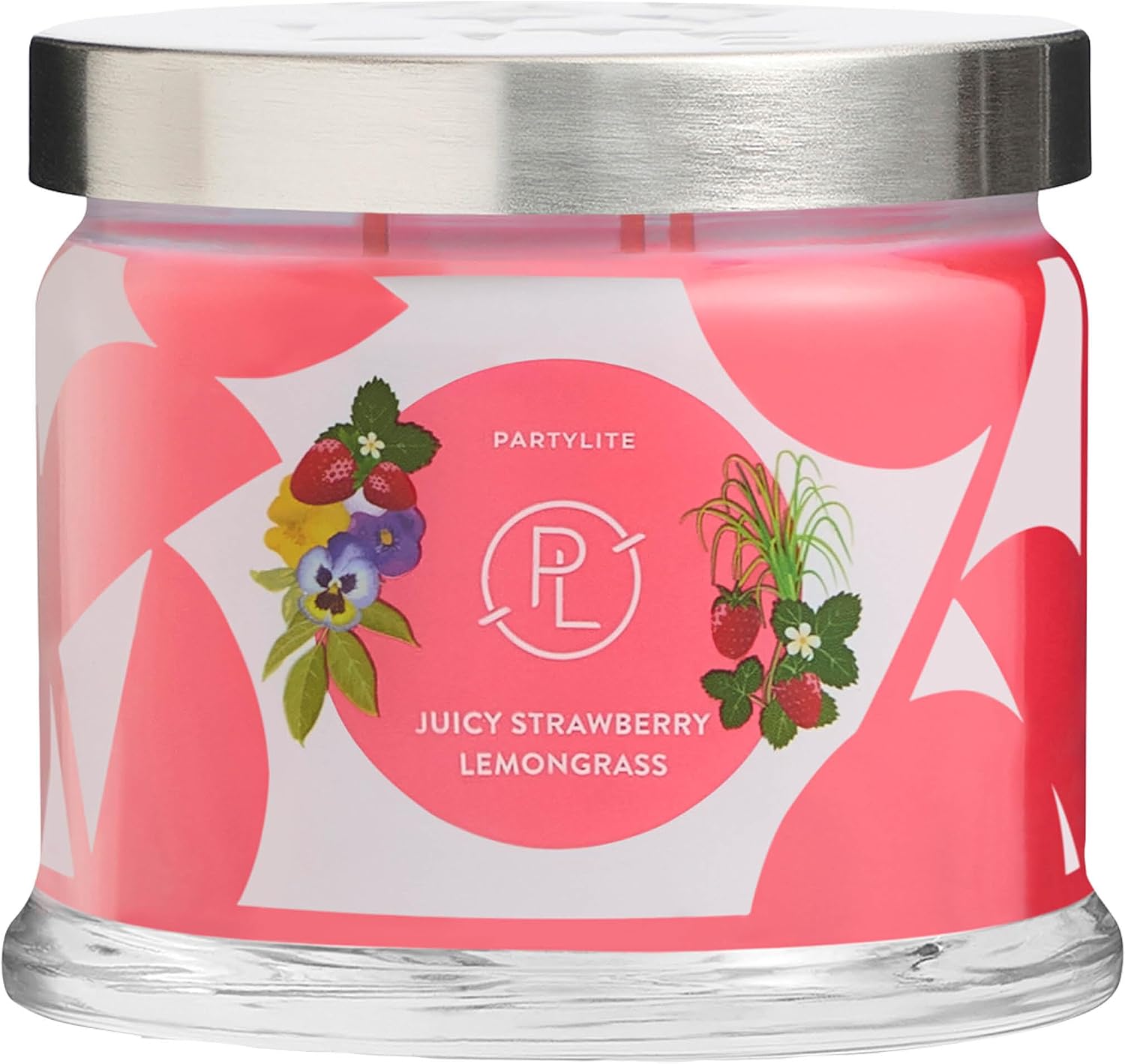 PartyLite Juicy Strawberry Lemongrass Scented, Notes of Lemongrass, Eucalyptus, Pansies, Verbena &