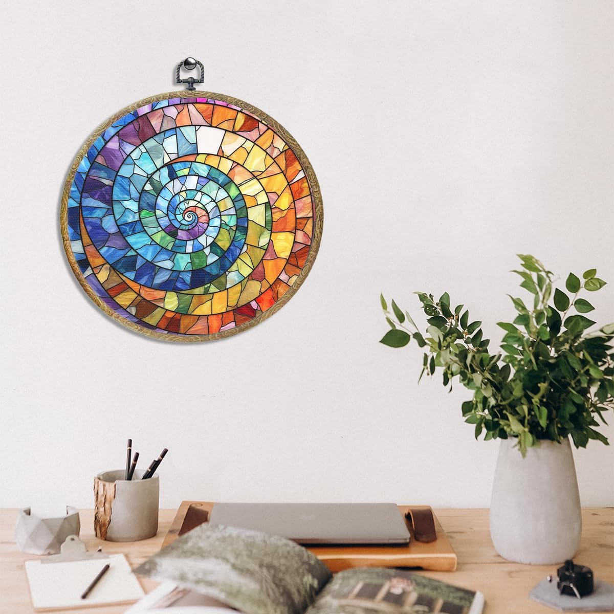 Colorful Boho Rainbow Geometric Spiral Sun Art Gift Framed Round Wall Decor Canvas Wall Art Hanging