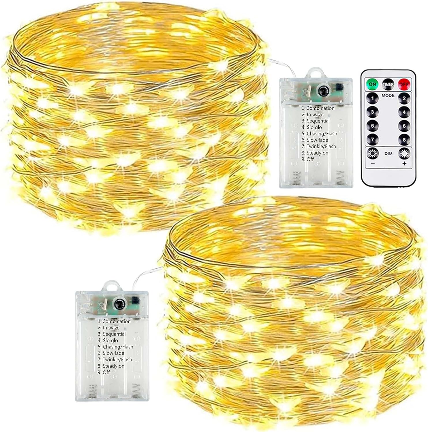 2-Pack 50 LED Fairy Lights Battery Operated with Remote Control Timer, 16 FT 50 LED Battery Lights