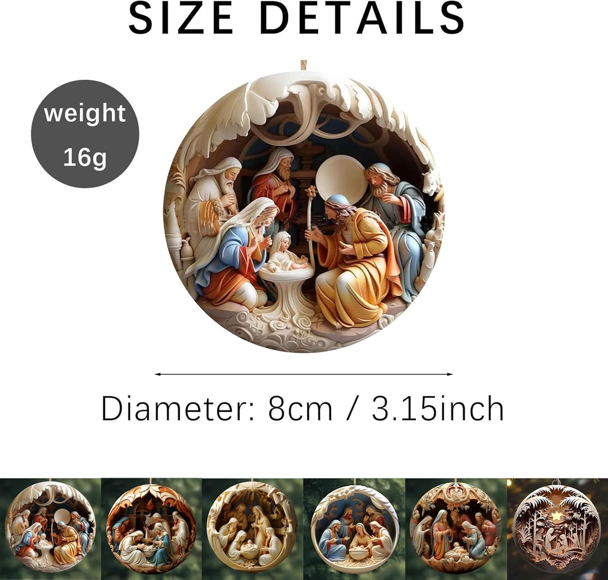 6 Pack Nativity Scene Ornaments - 3.15'' Diameter & Gifts Boxed Keepsake | Christmas Tree Nativity