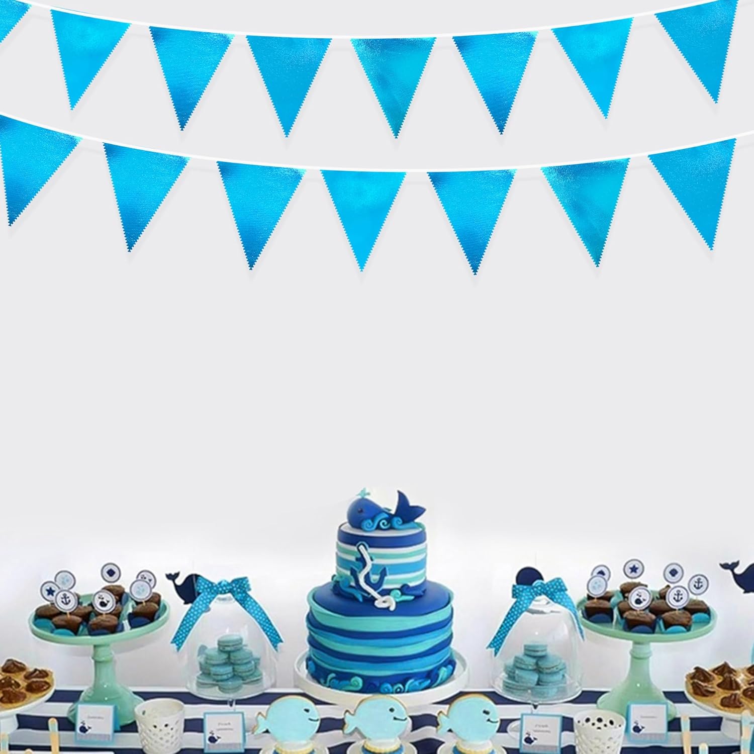 Sky Blue Party Decorations - Light Blue Triangle Pennant Banner Flag - Metallic Fabric Bunting for