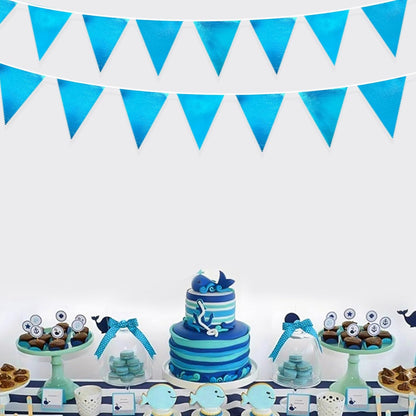 Sky Blue Party Decorations - Light Blue Triangle Pennant Banner Flag - Metallic Fabric Bunting for