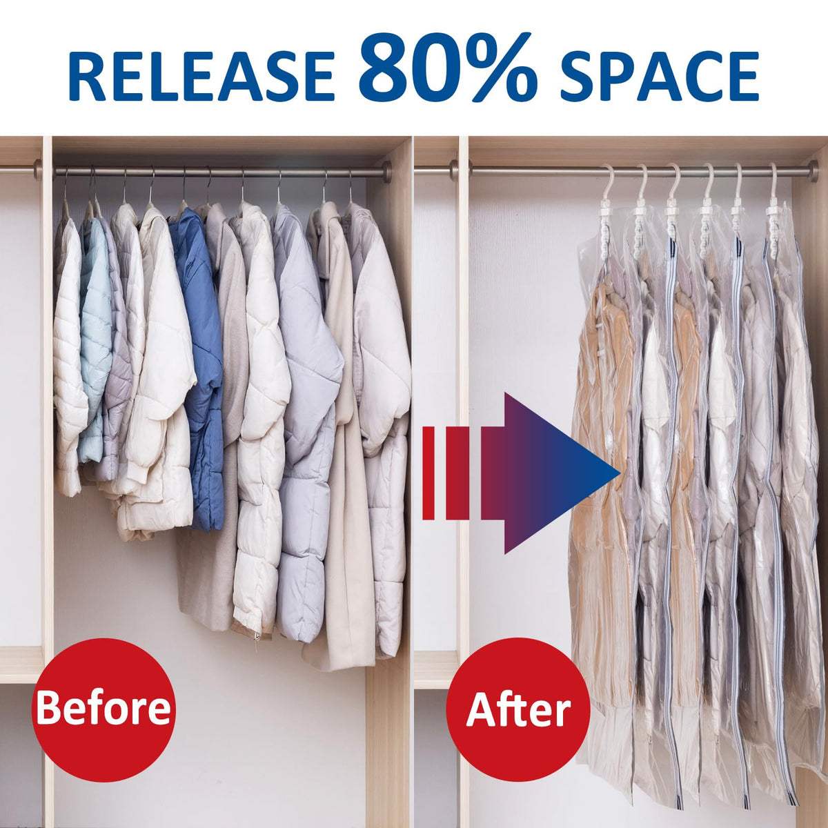 Hanging Vacuum Storage Bags, Space Saver Vacuum Seal Bags for Cloth, 6 Long