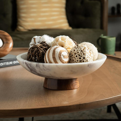 Cork & Mill Marble Decorative Bowl for Home Decor - Handcrafted Natural Stone with Acacia Wood