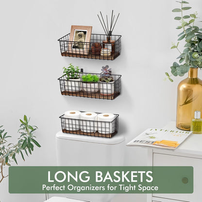 Wall Hanging Baskets 3 Pack, Extra Large Diversified Wire Basket Shelves of Wooden Style, with Wall