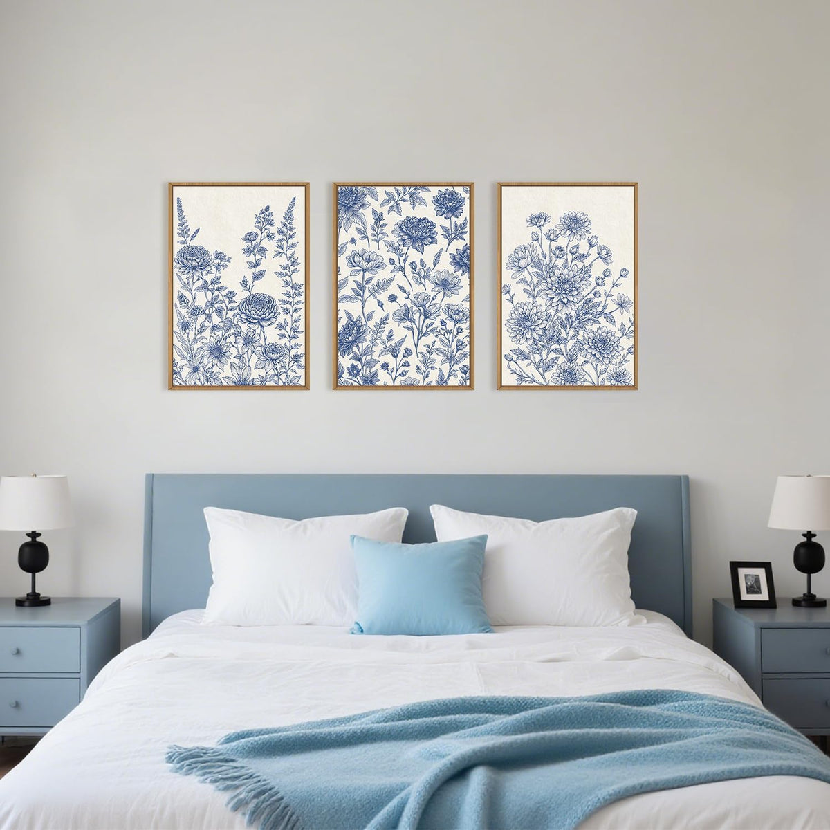 Classic Chinoiserie Floral Framed Canvas Wall Art Set, Blue and White Flower Wall Decor, Navy