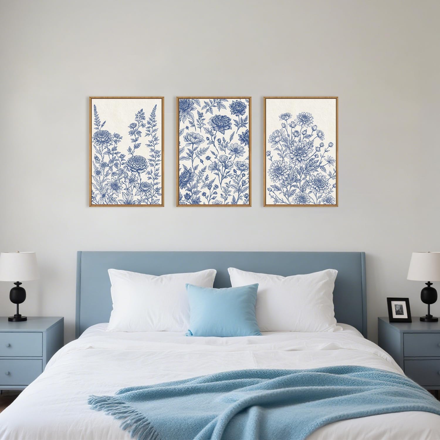Classic Chinoiserie Floral Framed Canvas Wall Art Set, Blue and White Flower Wall Decor, Navy