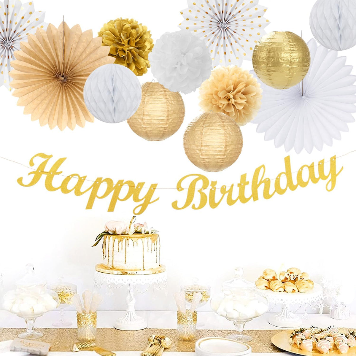 White Champagne Gold Birthday Party-Decorations - 21pcs Happy Birthday Banner,Paper Lanterns,Tissue
