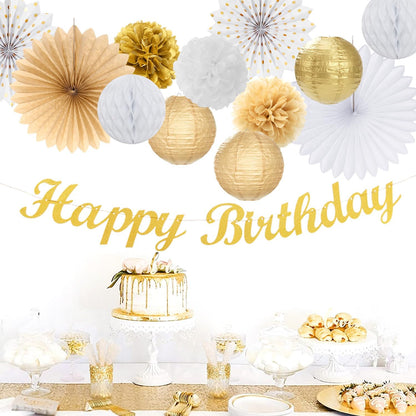 White Champagne Gold Birthday Party-Decorations - 21pcs Happy Birthday Banner,Paper Lanterns,Tissue