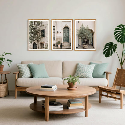 HPNIUB Large Vintage Italy City Landscape Framed Canvas Wall Art Set, Olive Green Tree Country Wall